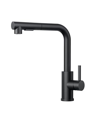 FORIOUS Wasserhahn Küche Schwarz, Küchenarmatur Ausziehbar mit Brause, Spültischarmatur Küche, L-förmiger Edelstahl Mischbatterie Armatur, Zwei Sprühfunktionen, 360° Schwenkbar