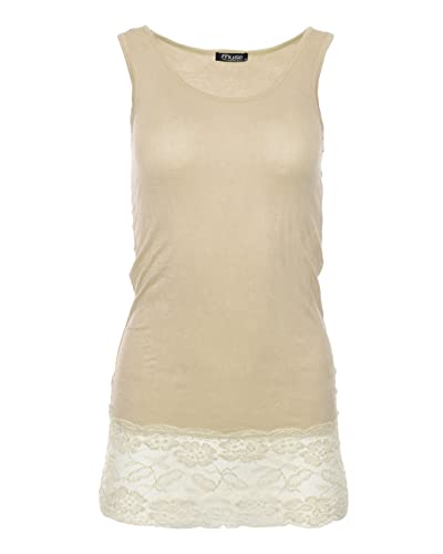 Easy Young Fashion - Damen Trägertop mit Spitzensaum - langes Unterziehshirt Skinny Fit 0518 (Beige S/M)