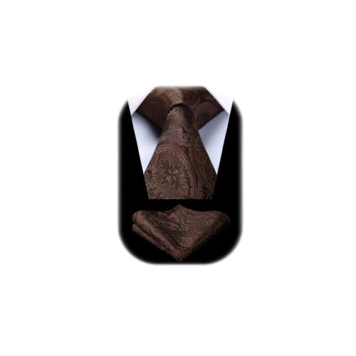 HISDERN Herren Hochzeit Braun Krawatten und Einstecktuch Klassisch Paisley Krawattensatz fur Manner