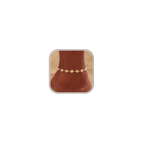 HARJJME Fußkettchen für Damen 18K Vergoldet Wasserfest Fussketten für Frauen Gold Verstellbar Boho Fußkette Gänseblümchen Perlen Fusskette Sommer Strand Fußschmuck Geschenk für Teenager Mädchen