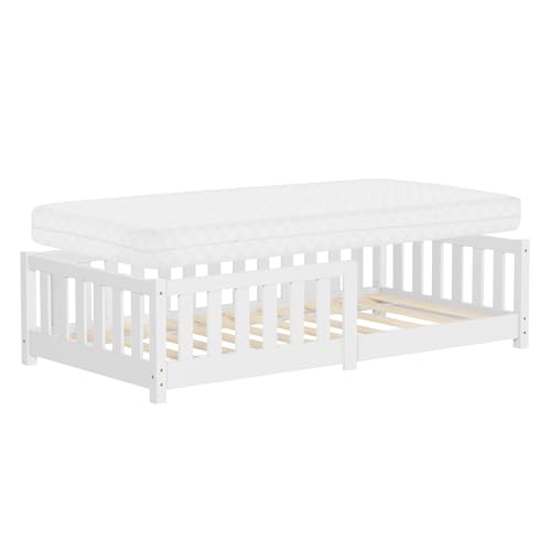 ML-Design Kinderbett 80x160 cm Weiß mit Matratze, Bodenbett für Kinder mit Lattenrost und Rausfallschutz, Jugendbett aus massivem Kiefernholz, Bettgestell für Jungen und Mädchen, Holzbett Babybett