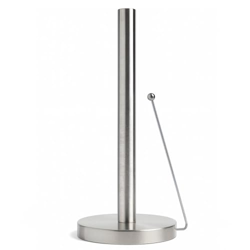 Minismus Küchenrollenhalter Stehend - Papierrollenhalter mit Anti-Roll Arm - Stabiler Küchenrollenständer ohne Bohren - Küchenpapierhalter Modern für Standardrollen (Silber)