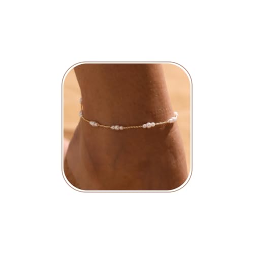 VIROMY Zierliche Perle Fußkettchen für Frauen 14k Vergoldet Sommer Strand Perle Fußkettchen Nicht Anlaufen Wasserdicht Zierlichen Fuß Kette