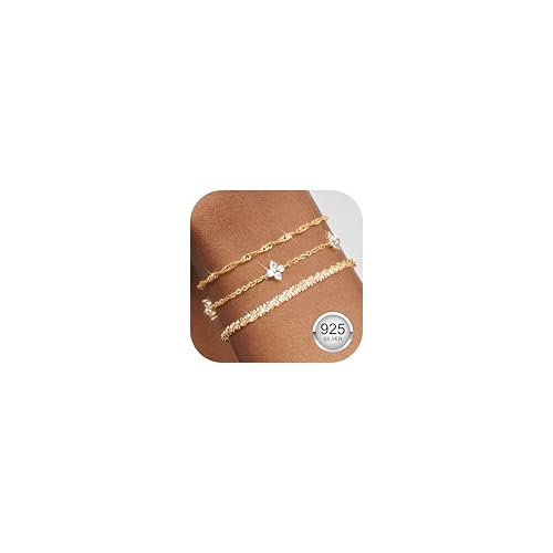 Finrezio 3 Stück Armband Damen Gold 14 Karat Vergoldet Stapelarmbänder Sterling Silber 925 Armbänder Cubic Zirkonia Armbänder Verstellbare Armband Set Gold Schmuck für Damen