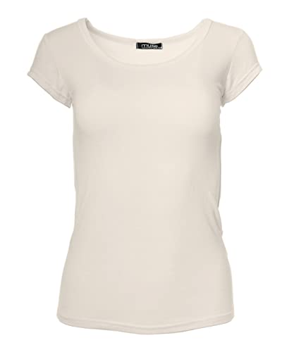 Easy Young Fashion - Damen Basic Rundhals T-Shirt - Kurzarm Unterziehshirt Skinny Fit 1001 - Creme M