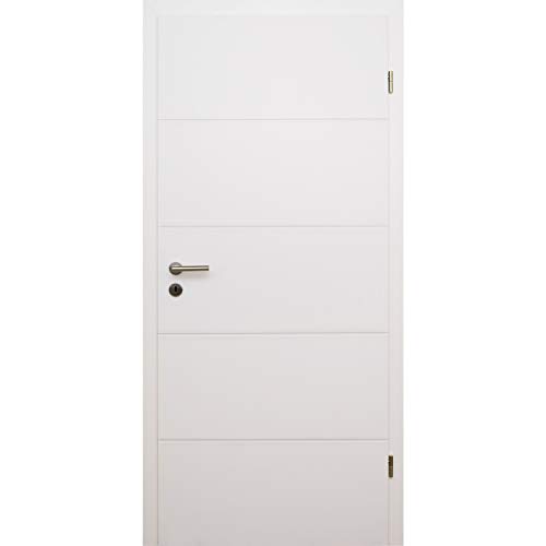 HORI Zimmertür Komplettset mit Zarge und Türdrücker I Innentür weiß lackiert mit 4 Querstreifen I Höhe 198,5 cm I Anschlag, Breite und Wandstärke wählbar I DIN rechts I 1985 x 860 x 140 mm