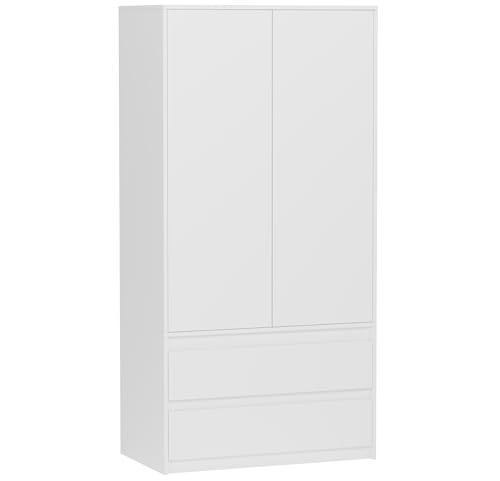 Framire Kleiderschrank weiß 90x51x180 cm – Schrank mit 2 Türen, 4 Regalfächern & 2 Schubladen, modernes Design für Schlafzimmer, Flur und Wohnzimmer