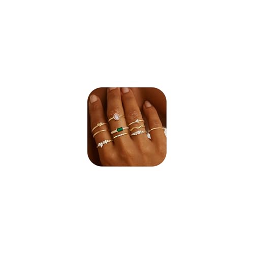 ORAZIO 10 Stück Gold Ringe Frauen 14 Karat Vergoldete Ring Damen Goldene Ringe Set Goldring Damen Stapelbare Fingerring mit Opal Zirkonia Daumenringe Damenring Wasserfest Gold Ring Schmuck für Damen