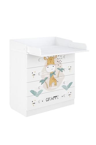 Shefa 800 Kids Baby Changing Table White Giraffe Chest of Drawers with 4 Drawers and Changing Unit