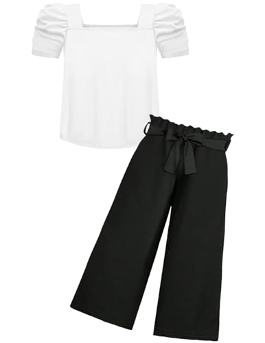 Arshiner Mädchen Tshirt mit Hose Set Kinder Mode Bekleidungssets Blasenärmeliges Oberteil mit Bedruckter Freizeithose Zweiteilig Outfits für Mädchen 9-10 Jahre Schwarz & Weiß