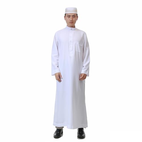 RUIXIA Mens Muslim Kleidung Arabische Robe Herren Kaftan Langarm Herren Lang Ärmel Dubai Thobe Ramadan Gebetskleidung für Männer Kaftan Abaya Islamische Langarm Jalabiya Kleid Weiß mit Taschen