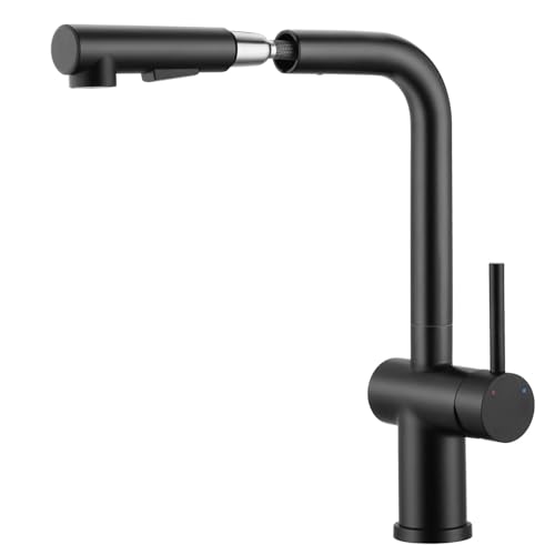 BONADE Niederdruck Armatur Küche, Wasserhahn Küche Ausziehbar mit Zwei Wasserstrahlarten, 360° Küchenarmatur Niederdruck mit Brause, Edelstahl Spültischarmatur in Mattschwarz für Boiler