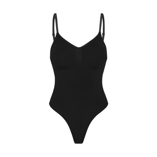 creamy fabrics Damen Figurformender Shapewear Bodysuit mit String-Rückenteil – Nahtloser Body für unsichtbaren Sitz – Starke Kompression Bauch & Taille – Verstellbare Träger – Schwarz S