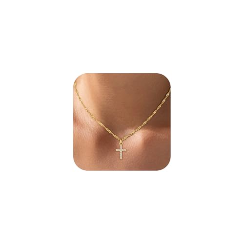 Fezodo Kommunion Konfirmation Geschenke Muttertag - Wasserfest 18K Gold Vergoldete Kreuz Kette Damen Christentum Schmuck Geschenke für Frauen Mädchen 40+5cm