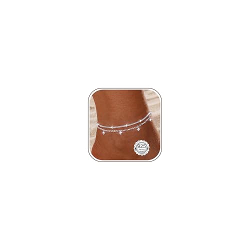 Diamday Fußkettchen für Damen Silber 925 Fussketten für Frauen Verstellbares Zierlich Fußkette Silber Perlen Funkelnd CZ Herz Stapelbare Fusskette Set Strand Schmuck Fußkettchen Damen