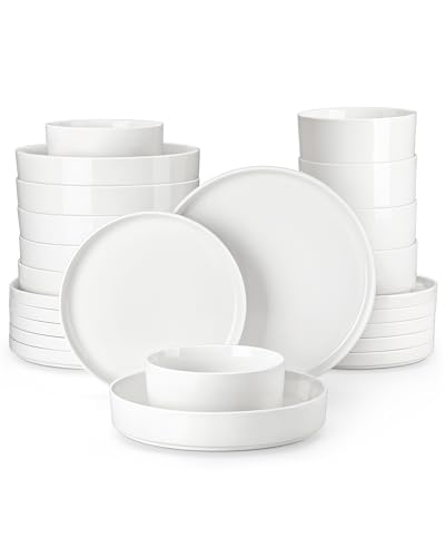 MALACASA Geschirrset 12 Personen - 48-tlg. Tafelservice mit Stehrand aus Porzellan inkl. 12x Essteller, Dessertteller, Suppenteller, Suppenschüssel, LEAH Modern in Weiß Schüssel- und Teller Set