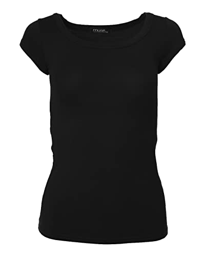 Easy Young Fashion - Damen Basic Rundhals T-Shirt - Kurzarm Unterziehshirt Skinny Fit 1001 - Schwarz M