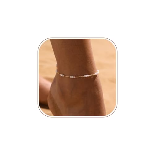 VIROMY Zierliche Perle Fußkettchen für Frauen 14k Vergoldet Sommer Strand Perle Fußkettchen Nicht Anlaufen Wasserdicht Zierlichen Fuß Kette