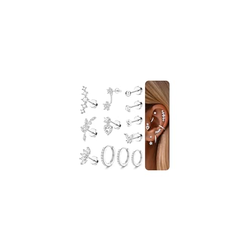 Adramata 12/14Pcs 16G Helix Piercings Chirurgenstahl Ohrringe Piercing Set Flatback Ohrstecker Ohr Piercings Knorpel Ohrringe Damen Helix Ring Gold Silber Conch Tragus Piercing Ohr Einzelner Ohrring