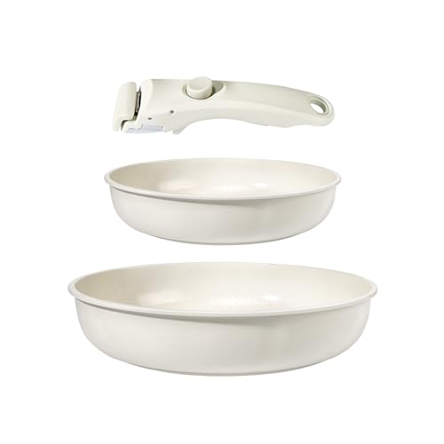GiPP Keramik Pfannenset mit Abnehmbarer Griff, 3-Teilig Pfannen set mit Antihaft Beschichtet, Pfannenset Induktion, Backofenfest, für Alle Herdarten, PTFE/PFOA/PFOS-frei, Weiß