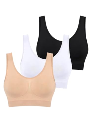 Boolavard 3-teiliges Set Nahtlose BHS für Damen Bügelloser Büstenhalter Crop Top Weiche Sport-Tank-BHS Damen Dessous Weste (DE/NL/SE/PL, Alphanumerisch, XL, Regular, Regular, Beige Weiß Schwarz)