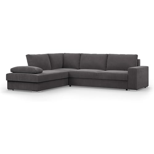 Mebligo - Ecksofa mit Schaffunktion und Betkasten 287 cm Breit VELANO, Eckcouch, L Shaped Sofa, Big Sofa, Komfort und Still, Wohnlandschaft L-Form, L Couch mit Schlaffunktion - Cord Couch Dunkelgrau