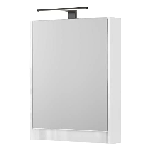 Planetmöbel Spiegelschrank Bad mit Beleuchtung 50 x 65 x 11,4 cm, weiß Hochglanz, Badezimmerschrank mit Spiegel und LED Aufbauleuchte