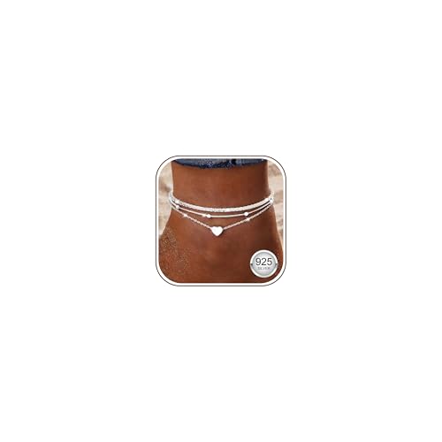 Adramata Fußkettchen für Damen Silber 925 Verstellbares Fussketten für Frauen Layered Fusskette Set Stapelbare Herz Seestern Fußkette Silber Gold Sommer Schmuck Geschenk