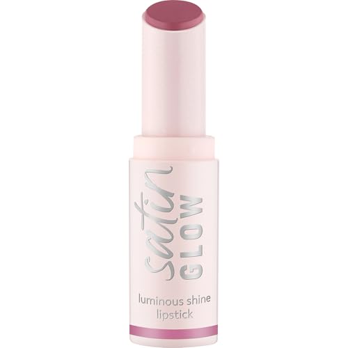 essence satin GLOW luminous shine lipstick, Nr. 04, Violett, strahlend, farbintensiv, vegan, ohne Parabene, ohne Mikroplastikpartikel, Nanopartikel frei, 1er Pack (3.5g)