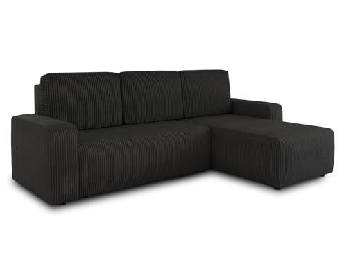 Ecksofa Roma L mit Schlaffunktion und Bettkasten - Cord Stoff - L-Form Couch, Polstersofa, Schlafsofa, Sofagarnitur - Ottomane Universal (Schwarz (Poso 135))