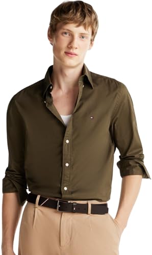 Tommy Hilfiger Herren Hemd Flex Poplin Solid Regular Fit, Grün (Army Green), XL