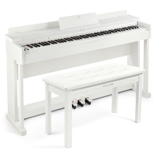 MUSTAR Digital Piano 88 Tasten mit Klavierhocker, E Piano weiß mit Hammermechanik, E-Klavier mit 3 Pedale Adapter, 2 Kopfhöreranschluss, Duales Kontrollsystem, USB/MIDI, Klassisch professionell