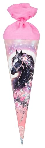 goldbuch 93 141 Geschwistertüte Luna, Schultüte mit Pferde-Motiv, Lackkarton, Geschenkverpackung mit rosanem Filzverschluss (ohne Verschlussband), Zuckertüte rund, Länge 35 cm, Ø 11,5 cm, Rosa