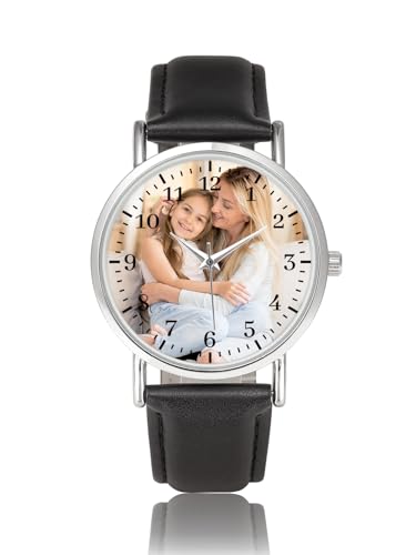 JSDDE Personalisiert Armbanduhr mit Fotogravur Lederarmband Analog Quarzuhr Damenuhr Herrenuhr Personalisiertes Geschenk für Damen Herren (Silber Gehäuse)