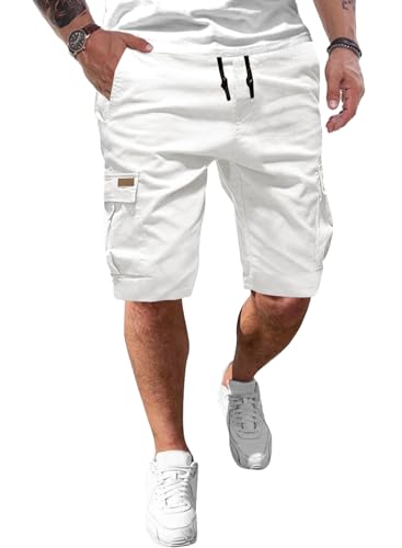 JMIERR Kurze Hosen Herren Baumwolle Cargo Shorts Herren Sommer Freizeithose mit Taschen Weiß XL