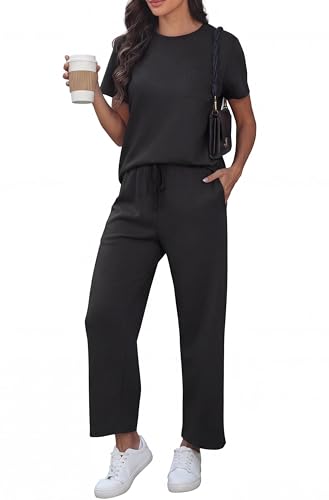 GRECERELLE Zweiteiler Jogginganzug Damen Sommer Trainingsanzug Outfits Tracksuit Kurzarm Lässige Rundhals Brusttasche Tshirts und weite Jogginghosen Trainingsanzüge mit Taschen (Schwarz, XXL)