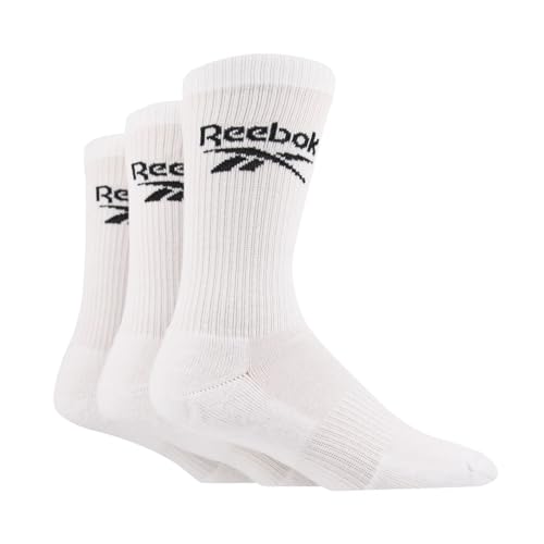 Reebok Hohe Socken Unisex Core Crew – Bequem, mit Fußgewölbeunterstützung, atmungsaktive Baumwolle, für Laufen, Sport, Alltag, Yoga, Fitness, waschbar, 3 Paar, Größe 37/39, Weiß