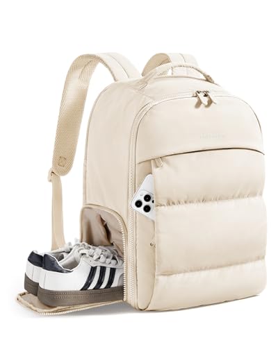bagsmart 30L Reiserucksack für Damen, Handgepäck Rucksack für Flugzeuge, Turnrucksack mit Schuhfach, leichte Reisetasche für 15,6 Zoll, wasserabweisend, Beige