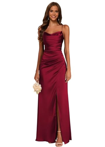 JAEDEN Satin Brautjungfernkleider Spaghettiträger Ballkleider Lang mit Schlitz Meerjungfrau Falte Abendkleider Wein Rot 38