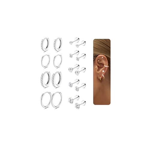 LOLIAS 9 Paar Ohrringe Edelstahl Damen Titan Ohrringe Set Silber Creolen Ohrstecker Chirurgenstahl Medizinische Ohrstecker Gesundheitsstecker Ohrringe Silber 925 Piercing Ohr Helix Piercings