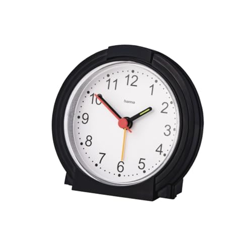Hama analoger Wecker ohne Ticken (batteriebetriebene Uhr mit Alarmfunktion, Wecker mit Licht, fluoreszierender Stunden- und Minutenzeiger, einstellbare Alarmzeit, 12,5 x 6,5 x 17 cm) schwarz