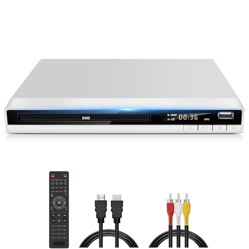 DVD Player Weiß, Regionsfrei DVD Spieler für Fernseher mit HDMI AV Ausgang Kabel Enthalten, DVD-CD-Player mit USB Eingang, Fehler Korrektur, Integriertes PAL NTSC-System (DVD-168, Kein Blu-ray)