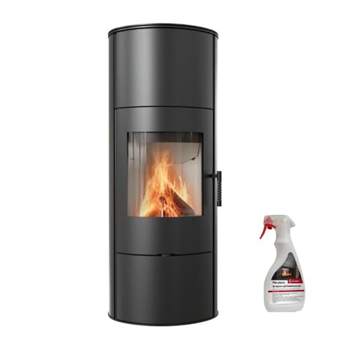 KRATKI Kaminofen aus Stahl Rollo bereit Satz Ø 150 7 kW mit Raumluftunabhängig, Blass Verkleidung, freistehend, BImSchV 2, Staubauslass, 150 mm, EEK A Kaminofen HKI Kaminscheibenreiniger