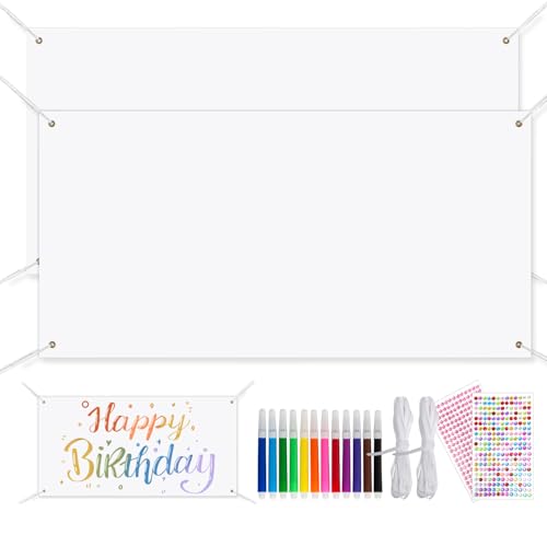 2 Stücke 200 * 100cm Banner Selbst Gestalten Leer mit Hängeseilen Inklusive 12 Bunte Markierstifte und 2 Dekorative Steinsticker Banner Personalisiert für Graffiti kreative Plakate