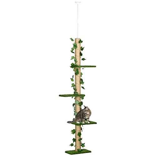 PawHut Kratzbaum Deckenhoch 202-242 cm Höhenverstellbar Katzenturm mit 4 Ebenen, 2 Höhlen, 4 Plattformen, Jute-Säule Katzenkratzbaum für mittelgroße Katzen, Grün+Gelb