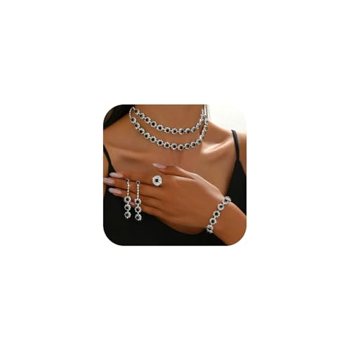 XFSRG 4 Stück Brautschmuck Set Abend Rhinestone Schmuck Mehrreihige Halskette Ohrringe Armband Ring Set Hochzeitstag Geschenke für Braut Frauen(Schwarz)