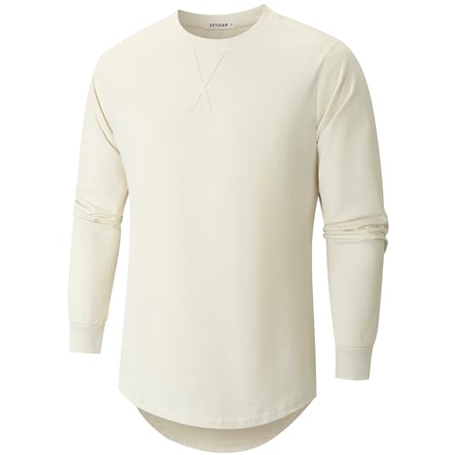 VEIISAR Herren Dickes Rundhals Langarm T-Shirt mit Herren 100 Baumwolle Heavy Duty Preshrunk langem Saum Shirt(X363L Beige XL)