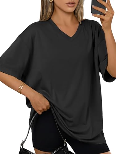 Cuptacc Tshirt Damen V Ausschnitt Mit Schlitze Halbarm Cool Oberteile Urlaub Lässige Vielseitig Große Größen Überschnittene Schultern Shirt Schwarz XXL