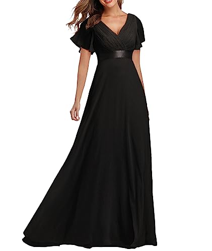 ECDAHICC Damen Abendkleider Gürtel V-Ausschnitt Hohe Taille A-Linie Chiffon Brautjungfernkleid Elegant Lang Ballkleid(BL,M)