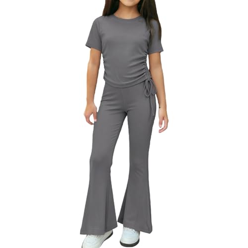 XINYUNZU Mädchen Bekleidungssets Sommer Outfit 2-Teilig T-Shirt und Schlaghose Set Zweiteiler Kinderkleidung Slim Fit Freizeitanzug Einfarbig Outdoor Mädchenbekleidung Kinder Dunkelgrau 9-10 Jahre